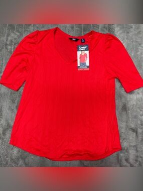 Lands' End Pointelle V-Neck Elbow Sleeve Scalloped Neckline Medium
